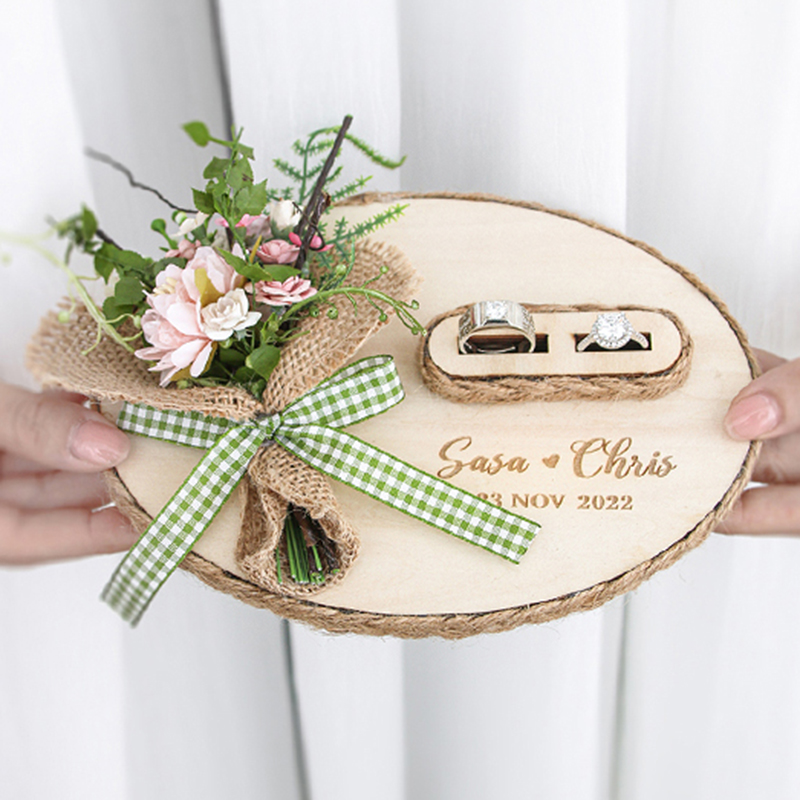 Ring Bearer Pillow - Custom Oval Wooden Flowers Engagement Wedding