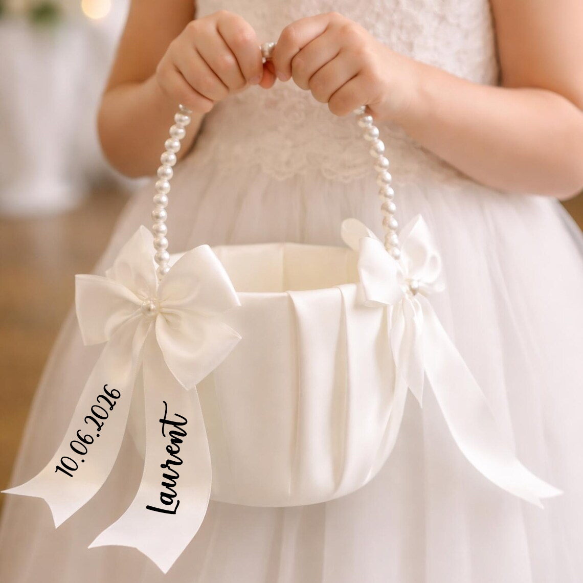 Ring Bearer Pillow - Custom Name Flower Girl Basket White