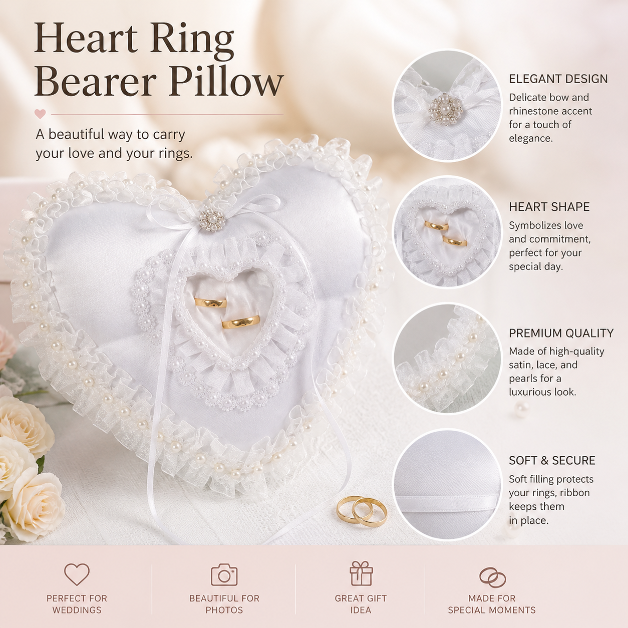 White Heart Shaped Wedding Rin - Ring Bearer Pillow のレビューと価格