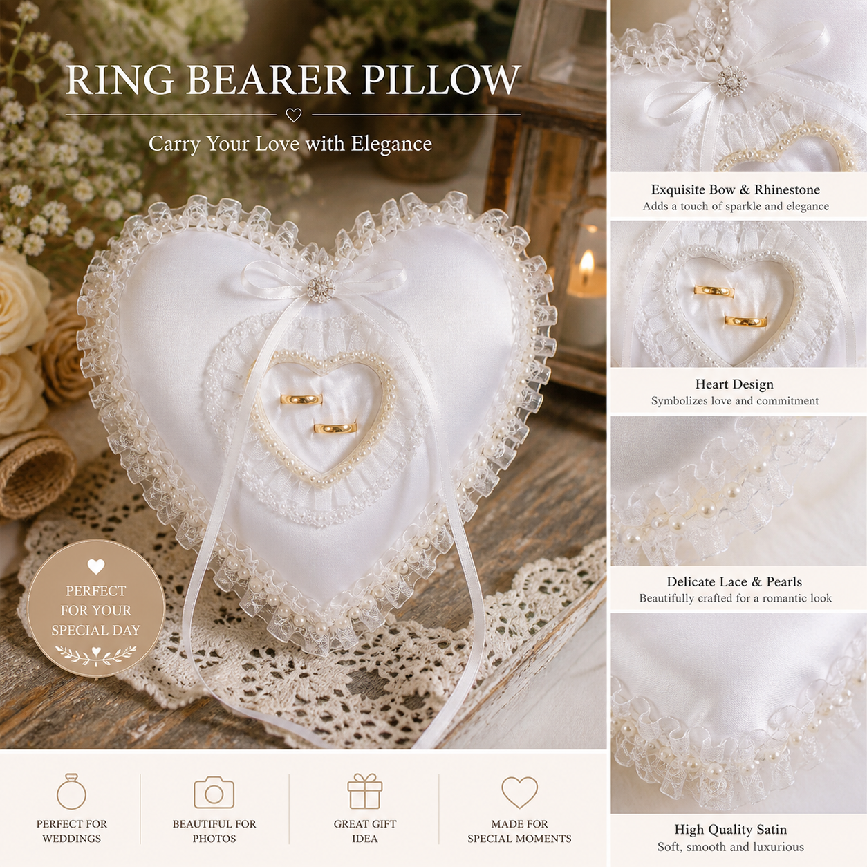 White Heart Shaped Wedding Rin - Ring Bearer Pillow のレビューと価格